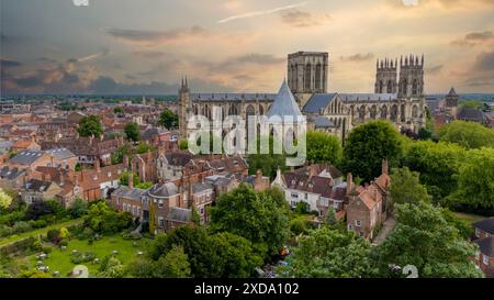 York, England.York Minster at sunset, Aerial view of the city of York with the Minster and surrounding historic buildings. Famous tourism destination Stock Photo