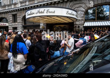 fans of Colombian singer Karol G wait in front of the Excelsior Hotel Ernst for the star to leave the hotel, Cologne, Germany.   ###EDITORIAL USE ONLY Stock Photo