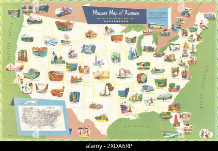 Pleasure map of America featuring pre-planned Greyhound vacations 18x28in 1954 Stock Photo