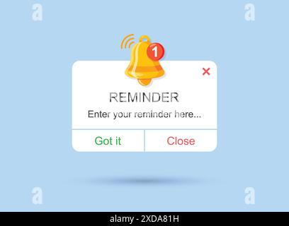 Reminder notifications page with alert bell icon in flat style. Event notice message vector illustration on isolated background. Announcement notice s Stock Vector