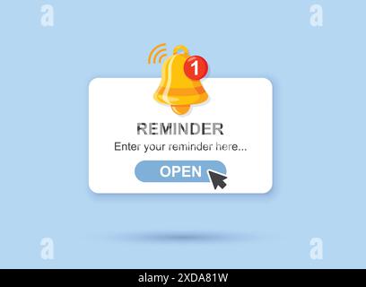 Reminder notifications page with alert bell icon in flat style. Event notice message vector illustration on isolated background. Announcement notice s Stock Vector