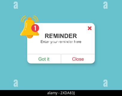 Reminder notifications page with alert bell icon in flat style. Event notice message vector illustration on isolated background. Announcement notice s Stock Vector