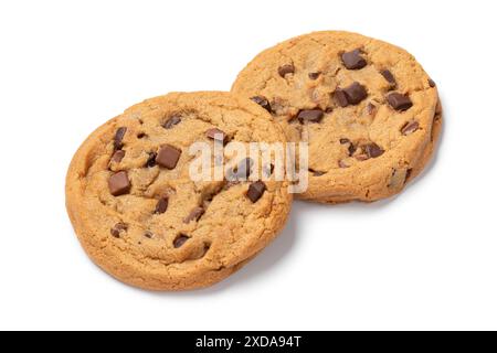 Pair of homemade sweet American chocolate chip cookies isolated on white background close up Stock Photo