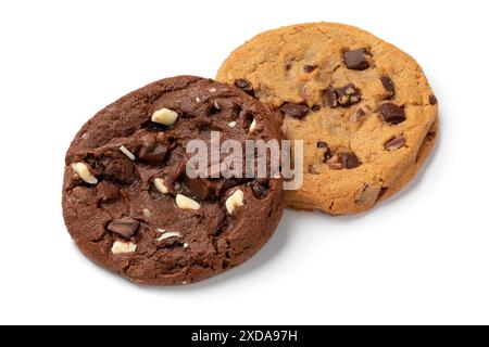 Pair of homemade sweet American chocolate chip cookies isolated on white background close up Stock Photo