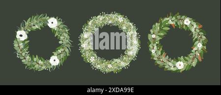 Set of wedding wreaths with magnolia, eucalyptus, bay, salal leaves and anemone, gypsophila flowers. Hand drawn vector illustration Stock Vector