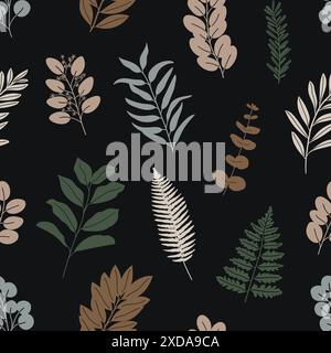 Seamless pattern of silhouette willow, spiral, seeded eucalyptus, magnolia, bay, fern, rosemary, olive natural leaves. Earthy warm palette. Hand drawn Stock Vector