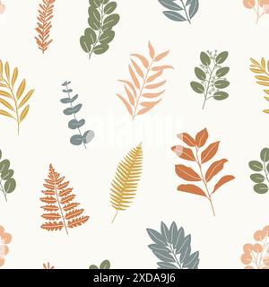 Seamless pattern of silhouette willow, spiral, seeded eucalyptus, magnolia, bay, fern, rosemary, olive natural leaves. Bright earth warm palette. Hand Stock Vector