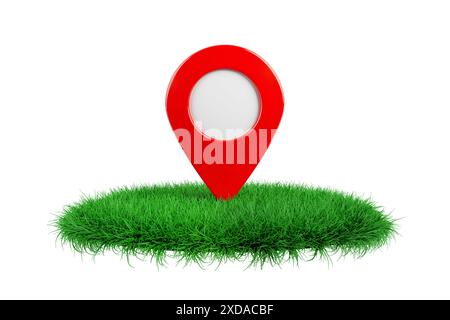 Red Map Pointer Pin on a Green Grass Podium Stage on a white background. 3d Rendering Stock Photo