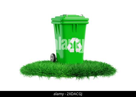 Recycle Sign Green Garbage Trash Bin on a Green Grass Podium Stage on a white background. 3d Rendering Stock Photo