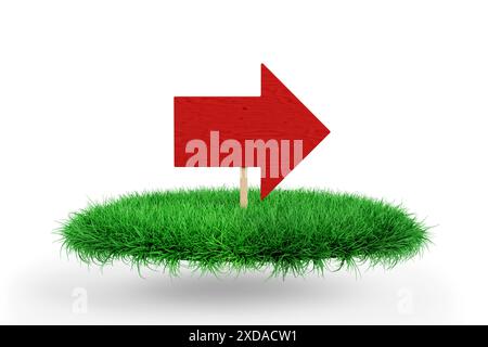 Red Direction Arrow on a Green Grass Podium Stage on a white background. 3d Rendering Stock Photo