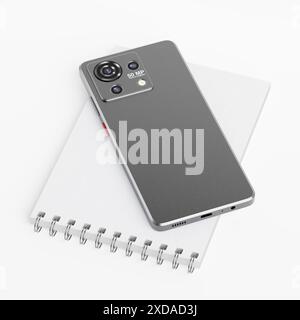 Mobile Phone with Triple Cameras over Blank Notepad on a white background. 3d Rendering Stock Photo