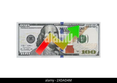 Money Growth Concept. One Hundred Dollar Bill with Growth Rate Arrow on a white background. 3d Rendering Stock Photo