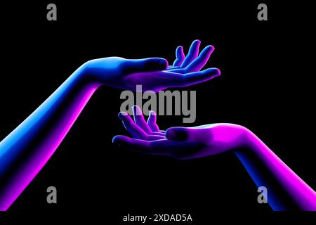 Hand to Hand. Abstract Mannequin Open Hands in Neon Lights on a black background. 3d Rendering Stock Photo