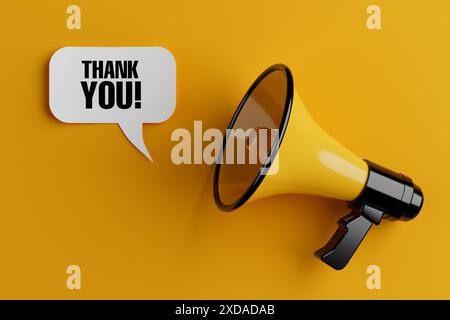 Yellow Megaphone with Thank You Speech Clouds Chat Bubble on a yellow background. 3d Rendering Stock Photo