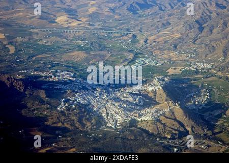 Looking down on the Castillo de Alora and Alora, aerial view, Andalucia, Spain. Stock Photo