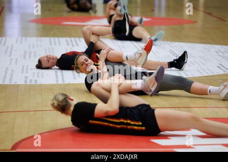 Kortrijk, Belgium. 21st June, 2024. Belgium's Emma Meesseman and Belgium's Becky Massey pictured during the media day of the Belgian national women team 'the Belgian Cats' in Kortrijk, Friday 21 June 2024. BELGA PHOTO KURT DESPLENTER Credit: Belga News Agency/Alamy Live News Stock Photo