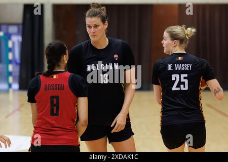 Kortrijk, Belgium. 21st June, 2024. Belgium's Kyara Linskens and Belgium's Becky Massey pictured during the media day of the Belgian national women team 'the Belgian Cats' in Kortrijk, Friday 21 June 2024. BELGA PHOTO KURT DESPLENTER Credit: Belga News Agency/Alamy Live News Stock Photo