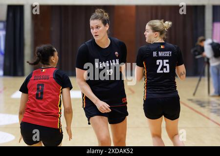 Kortrijk, Belgium. 21st June, 2024. Belgium's Kyara Linskens and Belgium's Becky Massey pictured during the media day of the Belgian national women team 'the Belgian Cats' in Kortrijk, Friday 21 June 2024. BELGA PHOTO KURT DESPLENTER Credit: Belga News Agency/Alamy Live News Stock Photo