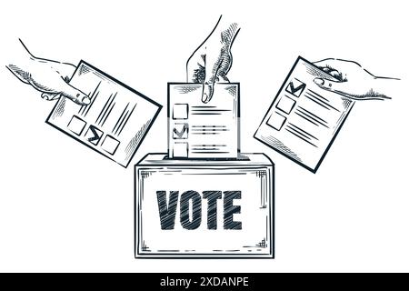 Three human hands holding ballots paper and puts it in election vote box. Government voting, politic democracy concept. Vector hand drawn sketch illus Stock Vector