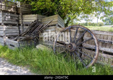 France, Normandy, Calvados region, Val es Dunes, Valambray. Domaine des 5 autels - organic cider maker. An old wooden wagon wheel. Stock Photo
