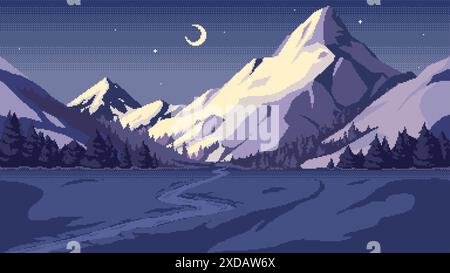 Pixel art snowy mountain background at night. Path through the snow field, pine forest, snow-capped peaks against sky with stars with moon crescent. H Stock Vector