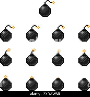 Pixel art set of bomb with burning fuse. 8-bit game design asset vector animation frames Stock Vector