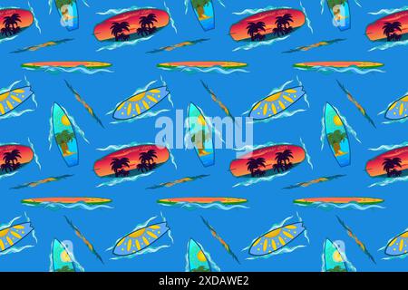 Vibrant seamless pattern featuring surfboards and waves, perfect for summertime designs and backgrounds. Ideal for beach and ocean-themed projects. Stock Vector