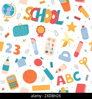 School seamless pattern. Vector background with doodle educational elements. School supplies, accessories, tools. Office stationery repeating Stock Vector