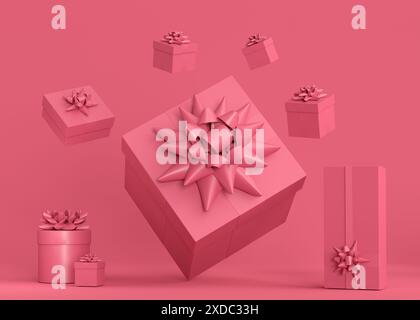 Gift boxes with ribbon and bow flying and falling on monochrome background. 3d render concept of greeting design Birthday, Merry Christmas, Black frid Stock Photo