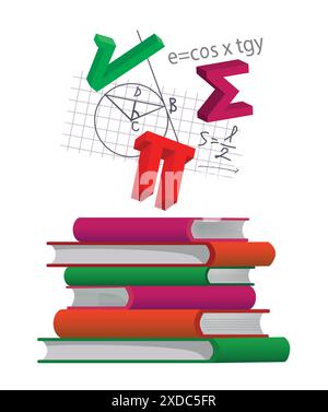 A pile of Math Textbooks.  Illustration of books with mathematics symbols and notes. Vector available. Stock Vector