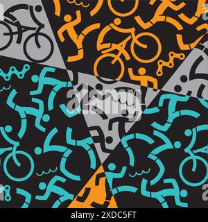 Triathlon icons, colorful dynamic background. Background with symbols of triathlon athletes, swimmers, cyclists, runner. Vector available. Stock Vector