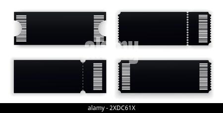 Abstract blank tickets templates isolated on white background. Ticket mockup in different shapes with barcode, front view. Realistic style. Vector ill Stock Vector