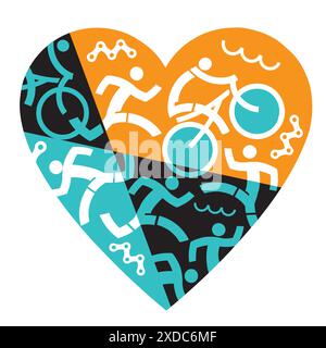 I love fitness, triathlon, running, swimming, cycling. Illustration with colorful heart symbol with triathlon athletes, swimmers, cyclists, runners. Stock Vector