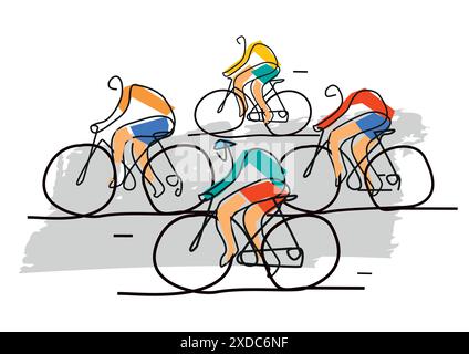 Cycling race, line art stylized. Illustration of group of cyclists on a road. Continuous Line Drawing. Vector available. Stock Vector