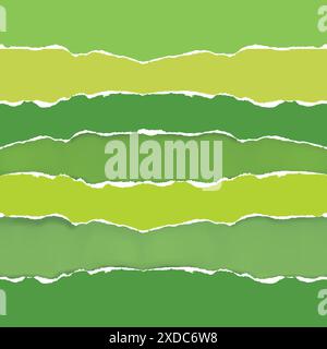 Green torn paper colorful stripes, Springtime banner template. Illustration of Ripped paper stripes, torn paper edge. Vector available. Stock Vector