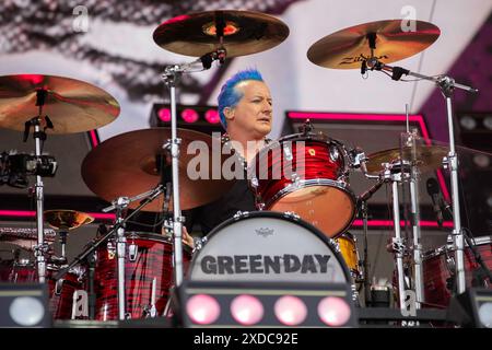 Manchester, England, 21st June, 2024. Tré Cool of Green Day headlining Emirates Old Trafford on their The Saviors Tour. Credit: Izzy Clayton/Alamy Live News Stock Photo