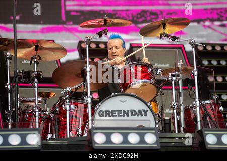 Manchester, England, 21st June, 2024. Tré Cool of Green Day headlining Emirates Old Trafford on their The Saviors Tour. Credit: Izzy Clayton/Alamy Live News Stock Photo