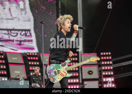 Manchester, England, 21st June, 2024. Billie Joe Armstrong of Green Day headlining Emirates Old Trafford on their The Saviors Tour. Credit: Izzy Clayton/Alamy Live News Stock Photo