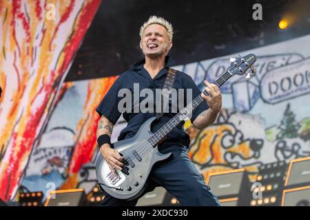 Manchester, England, 21st June, 2024. Mike Dirnt of Green Day headlining Emirates Old Trafford on their The Saviors Tour. Credit: Izzy Clayton/Alamy Live News Stock Photo