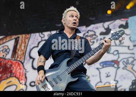 Manchester, England, 21st June, 2024. Mike Dirnt of Green Day headlining Emirates Old Trafford on their The Saviors Tour. Credit: Izzy Clayton/Alamy Live News Stock Photo