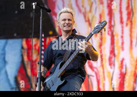 Manchester, England, 21st June, 2024. Mike Dirnt of Green Day headlining Emirates Old Trafford on their The Saviors Tour. Credit: Izzy Clayton/Alamy Live News Stock Photo