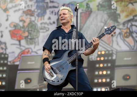 Manchester, England, 21st June, 2024. Mike Dirnt of Green Day headlining Emirates Old Trafford on their The Saviors Tour. Credit: Izzy Clayton/Alamy Live News Stock Photo