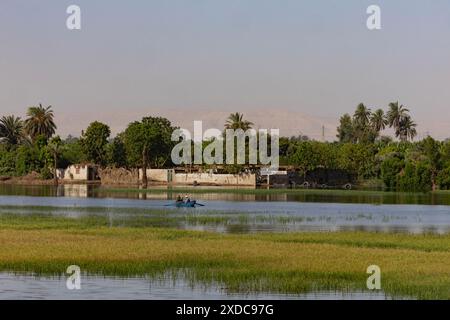 Two Egyptians row a wooden boat on the mirror-like surface of the Nile river in front of a whitewashed brick riverside village house. Stock Photo