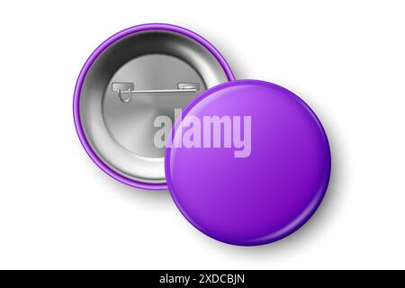 Vector 3d Realistic Purple Blank Round Button Badge Closeup, Isolated. ID Badge Design Template, Mockup. Design Template for Access Pass Stock Vector