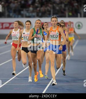 Femke Bol of the Netherlands and Sharlene Mawdsley of Ireland competing in the women’s 4x400m relay final at the European Athletics Championships, Sta Stock Photo