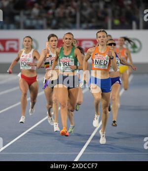 Femke Bol of the Netherlands and Sharlene Mawdsley of Ireland competing in the women’s 4x400m relay final at the European Athletics Championships, Sta Stock Photo