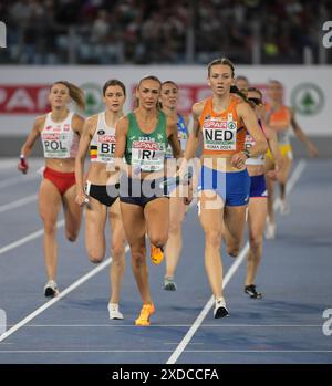 Femke Bol of the Netherlands and Sharlene Mawdsley of Ireland competing in the women’s 4x400m relay final at the European Athletics Championships, Sta Stock Photo