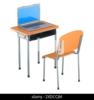 School desk with opened laptop. 3D rendering isolated on white background Stock Photo