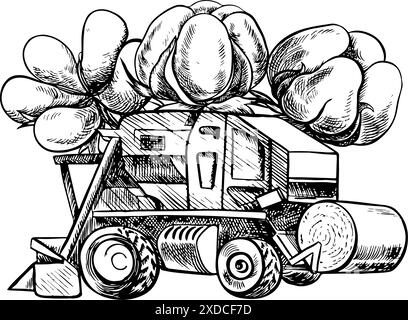 Cotton harvester. A black and white vector graphic illustration made by hand. A stylized composition of a modern cotton harvester and a box with a cot Stock Vector