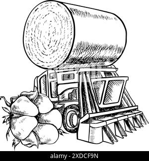 Cotton harvester. A black and white vector graphic illustration made by hand. A stylized composition of a modern cotton harvester and a cotton harvest Stock Vector